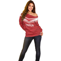 Custom Pacific Rugby Spirit Off Shoulder Sweater Tonga Ngatu Pride Red Edition - Polynesian Pride