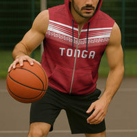 Custom Pacific Rugby Spirit Sleeveless Zip Hoodie Tonga Ngatu Pride Red Edition - Polynesian Pride