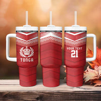 Custom Pacific Rugby Spirit Tumbler With Handle Tonga Ngatu Pride Red Edition - Polynesian Pride