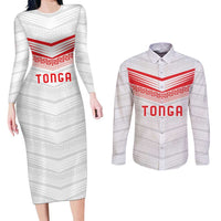 Custom Pacific Rugby Spirit Couples Matching Long Sleeve Bodycon Dress and Long Sleeve Button Shirt Tonga Ngatu Pride White Edition - Polynesian Pride