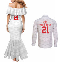 Custom Pacific Rugby Spirit Couples Matching Mermaid Dress and Long Sleeve Button Shirt Tonga Ngatu Pride White Edition - Polynesian Pride