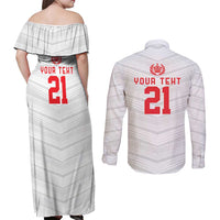 Custom Pacific Rugby Spirit Couples Matching Off Shoulder Maxi Dress and Long Sleeve Button Shirt Tonga Ngatu Pride White Edition - Polynesian Pride