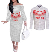 Custom Pacific Rugby Spirit Couples Matching Off The Shoulder Long Sleeve Dress and Long Sleeve Button Shirt Tonga Ngatu Pride White Edition - Polynesian Pride