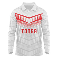 Custom Pacific Rugby Spirit Long Sleeve Polo Shirt Tonga Ngatu Pride White Edition - Polynesian Pride