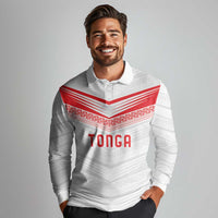 Custom Pacific Rugby Spirit Long Sleeve Polo Shirt Tonga Ngatu Pride White Edition - Polynesian Pride