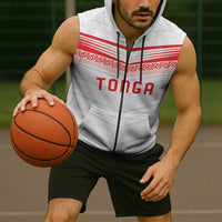 Custom Pacific Rugby Spirit Sleeveless Zip Hoodie Tonga Ngatu Pride White Edition LT9 - Polynesian Pride