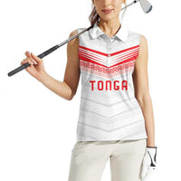 Custom Pacific Rugby Spirit Women Sleeveless Polo Shirt Tonga Ngatu Pride White Edition LT9 - Polynesian Pride