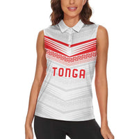 Custom Pacific Rugby Spirit Women Sleeveless Polo Shirt Tonga Ngatu Pride White Edition LT9 - Polynesian Pride