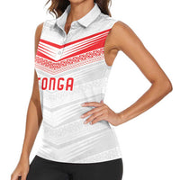 Custom Pacific Rugby Spirit Women Sleeveless Polo Shirt Tonga Ngatu Pride White Edition LT9 - Polynesian Pride