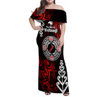 New Zealand Waitangi Day Personalised Family Matching Off Shoulder Maxi Dress and Hawaiian Shirt Aotearoa Te Ra O Waitangi With Maori Tattoo LT9 Mom's Dress Red - Polynesian Pride