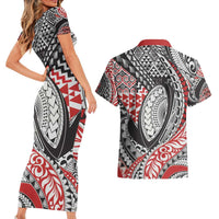 Aotearoa Maori Rugby Tribal Tattoo Couples Matching Short Sleeve Bodycon Dress and Hawaiian Shirt Kowhaiwhai Taniko Patchwork Motifs
