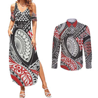 Aotearoa Maori Rugby Tribal Tattoo Couples Matching Summer Maxi Dress and Long Sleeve Button Shirt Kowhaiwhai Taniko Patchwork Motifs