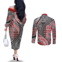 Aotearoa Maori Tribal Tattoo Couples Matching Off The Shoulder Long Sleeve Dress and Long Sleeve Button Shirt Kowhaiwhai Taniko Patchwork Motifs