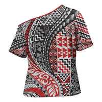 Aotearoa Maori Tribal Tattoo Cross Shoulder Shirt Kowhaiwhai Taniko Patchwork Motifs - Polynesian Pride