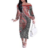 Aotearoa Maori Tribal Tattoo Family Matching Off The Shoulder Long Sleeve Dress and Hawaiian Shirt Kowhaiwhai Taniko Patchwork Motifs