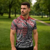 Aotearoa Maori Tribal Tattoo Zipper Polo Shirt Kowhaiwhai Taniko Patchwork Motifs - Polynesian Pride