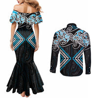 Blue Aotearoa Tukutuku Manawa Tapu Couples Matching Mermaid Dress and Long Sleeve Button Shirt Ta Moko Toi Maori