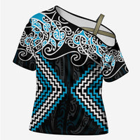 Blue Aotearoa Tukutuku Manawa Tapu Cross Shoulder Shirt Ta Moko Toi Maori - Polynesian Pride