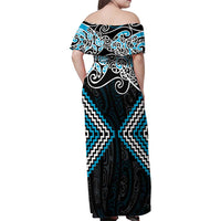 Blue Aotearoa Tukutuku Manawa Tapu Family Matching Off Shoulder Maxi Dress and Hawaiian Shirt Ta Moko Toi Maori