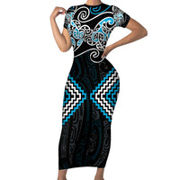Blue Aotearoa Tukutuku Manawa Tapu Family Matching Short Sleeve Bodycon Dress and Hawaiian Shirt Ta Moko Toi Maori