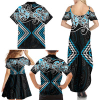 Blue Aotearoa Tukutuku Manawa Tapu Family Matching Summer Maxi Dress and Hawaiian Shirt Ta Moko Toi Maori