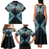 Blue Aotearoa Tukutuku Manawa Tapu Family Matching Tank Maxi Dress and Hawaiian Shirt Ta Moko Toi Maori