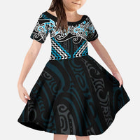Blue Aotearoa Tukutuku Manawa Tapu Kid Short Sleeve Dress Ta Moko Toi Maori LT9 KID Blue - Polynesian Pride