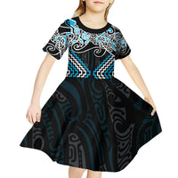 Blue Aotearoa Tukutuku Manawa Tapu Kid Short Sleeve Dress Ta Moko Toi Maori LT9 - Polynesian Pride