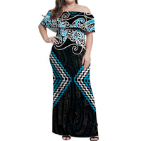 Blue Aotearoa Tukutuku Manawa Tapu Off Shoulder Maxi Dress Ta Moko Toi Maori