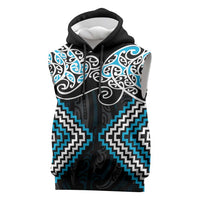 Blue Aotearoa Tukutuku Manawa Tapu Sleeveless Hoodie Ta Moko Toi Maori - Polynesian Pride