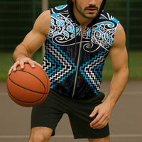 Blue Aotearoa Tukutuku Manawa Tapu Sleeveless Zip Hoodie Ta Moko Toi Maori - Polynesian Pride