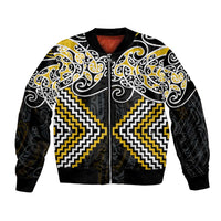 Gold Aotearoa Tukutuku Manawa Tapu Bomber Jacket Ta Moko Toi Maori