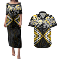 Gold Aotearoa Tukutuku Manawa Tapu Couples Matching Puletasi and Hawaiian Shirt Ta Moko Toi Maori
