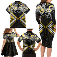 Gold Aotearoa Tukutuku Manawa Tapu Family Matching Long Sleeve Bodycon Dress and Hawaiian Shirt Ta Moko Toi Maori