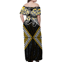 Gold Aotearoa Tukutuku Manawa Tapu Family Matching Off Shoulder Maxi Dress and Hawaiian Shirt Ta Moko Toi Maori