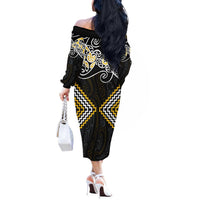 Gold Aotearoa Tukutuku Manawa Tapu Off The Shoulder Long Sleeve Dress Ta Moko Toi Maori LT9 - Polynesian Pride
