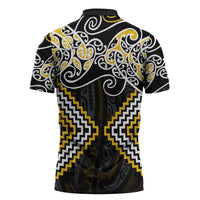 Gold Aotearoa Tukutuku Manawa Tapu Zipper Polo Shirt Ta Moko Toi Maori - Polynesian Pride