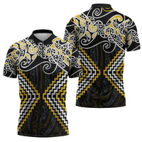 Gold Aotearoa Tukutuku Manawa Tapu Zipper Polo Shirt Ta Moko Toi Maori - Polynesian Pride