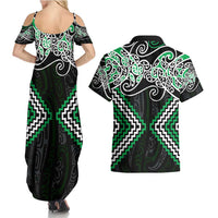 Green Aotearoa Tukutuku Manawa Tapu Couples Matching Summer Maxi Dress and Hawaiian Shirt Ta Moko Toi Maori