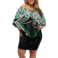Green Aotearoa Tukutuku Manawa Tapu Off Shoulder Short Dress Ta Moko Toi Maori LT9 Women Green - Polynesian Pride