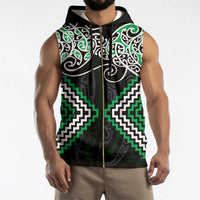 Green Aotearoa Tukutuku Manawa Tapu Sleeveless Zip Hoodie Ta Moko Toi Maori - Polynesian Pride