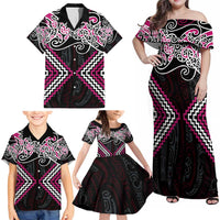 Pink Aotearoa Tukutuku Manawa Tapu Family Matching Off Shoulder Maxi Dress and Hawaiian Shirt Ta Moko Toi Maori
