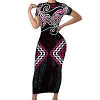 Pink Aotearoa Tukutuku Manawa Tapu Family Matching Short Sleeve Bodycon Dress and Hawaiian Shirt Ta Moko Toi Maori