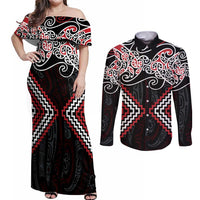 Red Aotearoa Tukutuku Manawa Tapu Couples Matching Off Shoulder Maxi Dress and Long Sleeve Button Shirt Ta Moko Toi Maori LT9 Red - Polynesian Pride