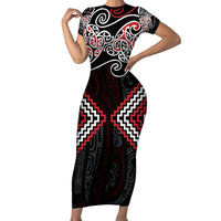 Red Aotearoa Tukutuku Manawa Tapu Family Matching Short Sleeve Bodycon Dress and Hawaiian Shirt Ta Moko Toi Maori