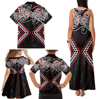 Red Aotearoa Tukutuku Manawa Tapu Family Matching Tank Maxi Dress and Hawaiian Shirt Ta Moko Toi Maori