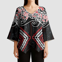 Red Aotearoa Tukutuku Manawa Tapu Kimono Sleeve Blouse Ta Moko Toi Maori - Polynesian Pride