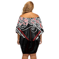 Red Aotearoa Tukutuku Manawa Tapu Off Shoulder Short Dress Ta Moko Toi Maori