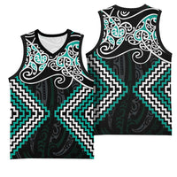 Turquoise Aotearoa Tukutuku Manawa Tapu Basketball Jersey Ta Moko Toi Maori - Polynesian Pride