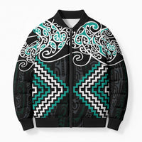 Turquoise Aotearoa Tukutuku Manawa Tapu Bomber Puffer Jacket Ta Moko Toi Maori - Polynesian Pride